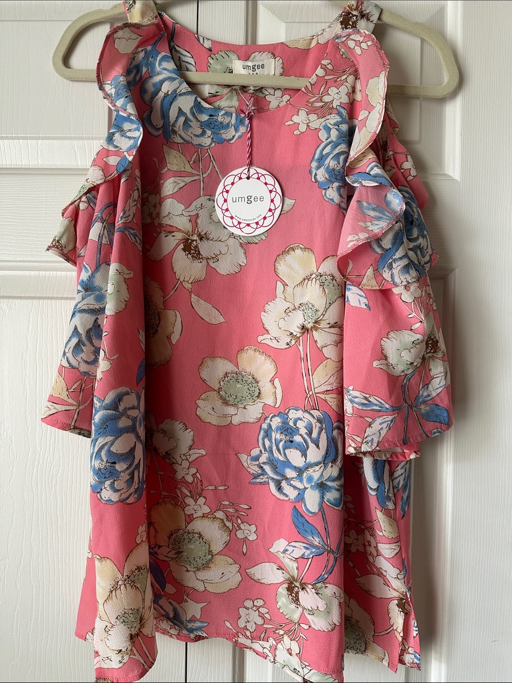 Umgee Coral Pink Floral Ruffle Cold-Shoulder Top